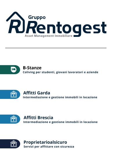 fondo grigio chiaro con loghi: "Rentogest" scritta color blu e "asset management immobiliare "color grigio, letto stilizzato su sfondo verde e scritta B-Stanze" color blu, casetta stilizzata color biano su sfondo blu e scritta "affitti garda" color azzurro, logo casetta stilizzata su sfondo azzurro e scritta "affitti brescia", logo casetta stilizzata bianca su sfondo blu e scritta "proprietarioalsicuro" color blu