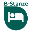 Logo letto stilizzato bianco su sfondo verde, scritta "b-Stanze "verde" su sfondo bianco
