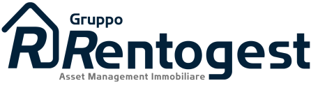 logo "rentogest" colo blu su sfondo bianco rappresentante un lettera "R" con una casetta stilizzata attorno, scritta "Rentogest" Blu su sfondo bianco, scritta grigia in piccolo "asset management immobiliare"